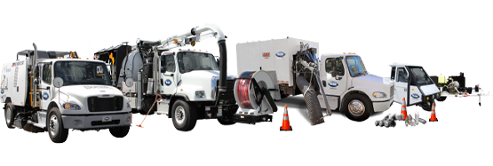 Lineup of a Schwarze Street Sweeper, a jet/vac truck, and a trailer sewer jetter
